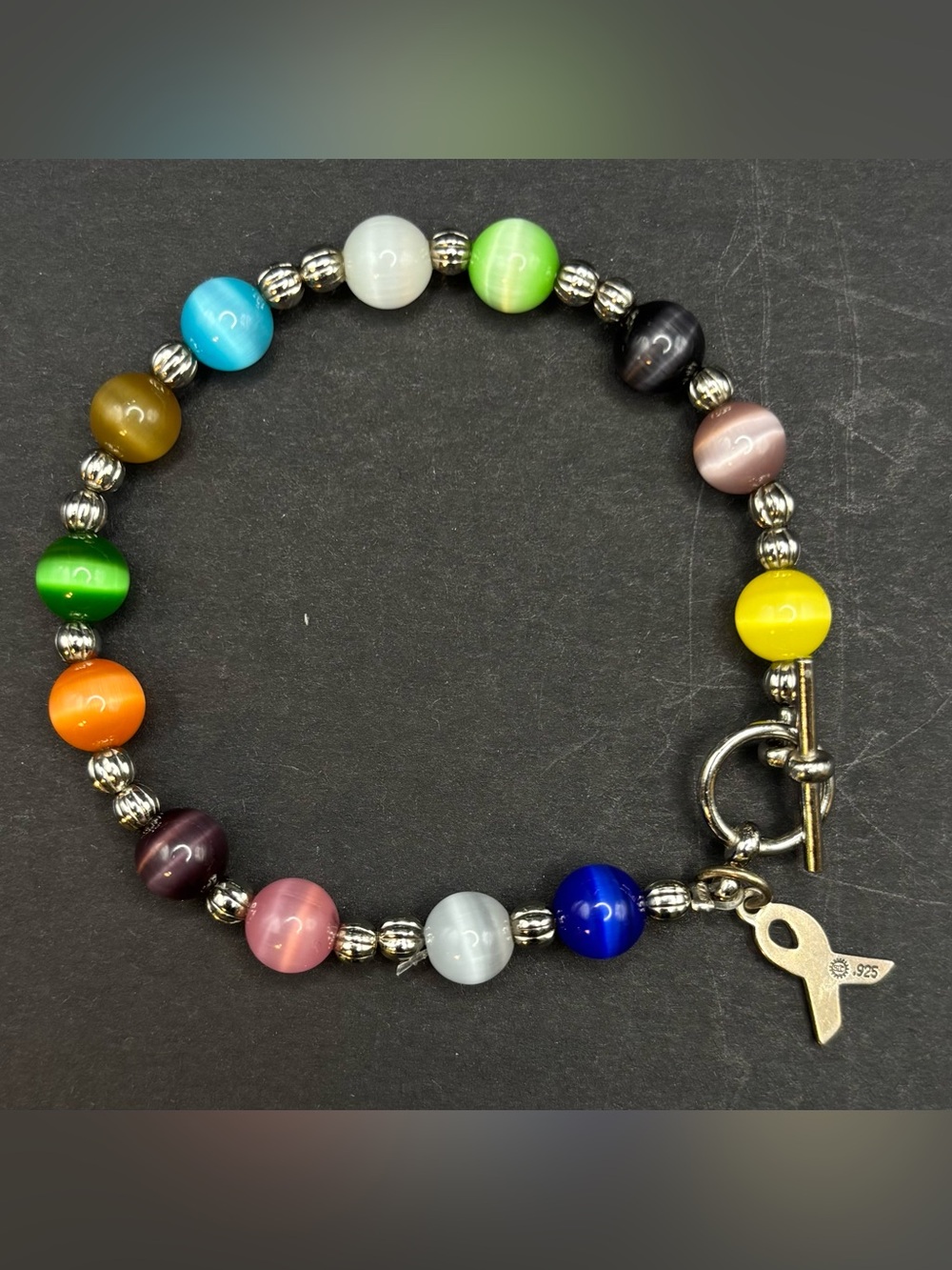 SJC 925 Sterling Silver Charm Multi Cancer Awareness Ribbon Bracelet Cats Eye